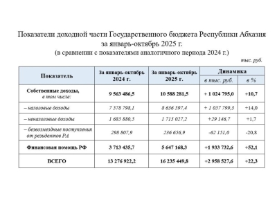 Собственные доходы Абхазии за 10 месяцев составили более 16,2 млрд рублей